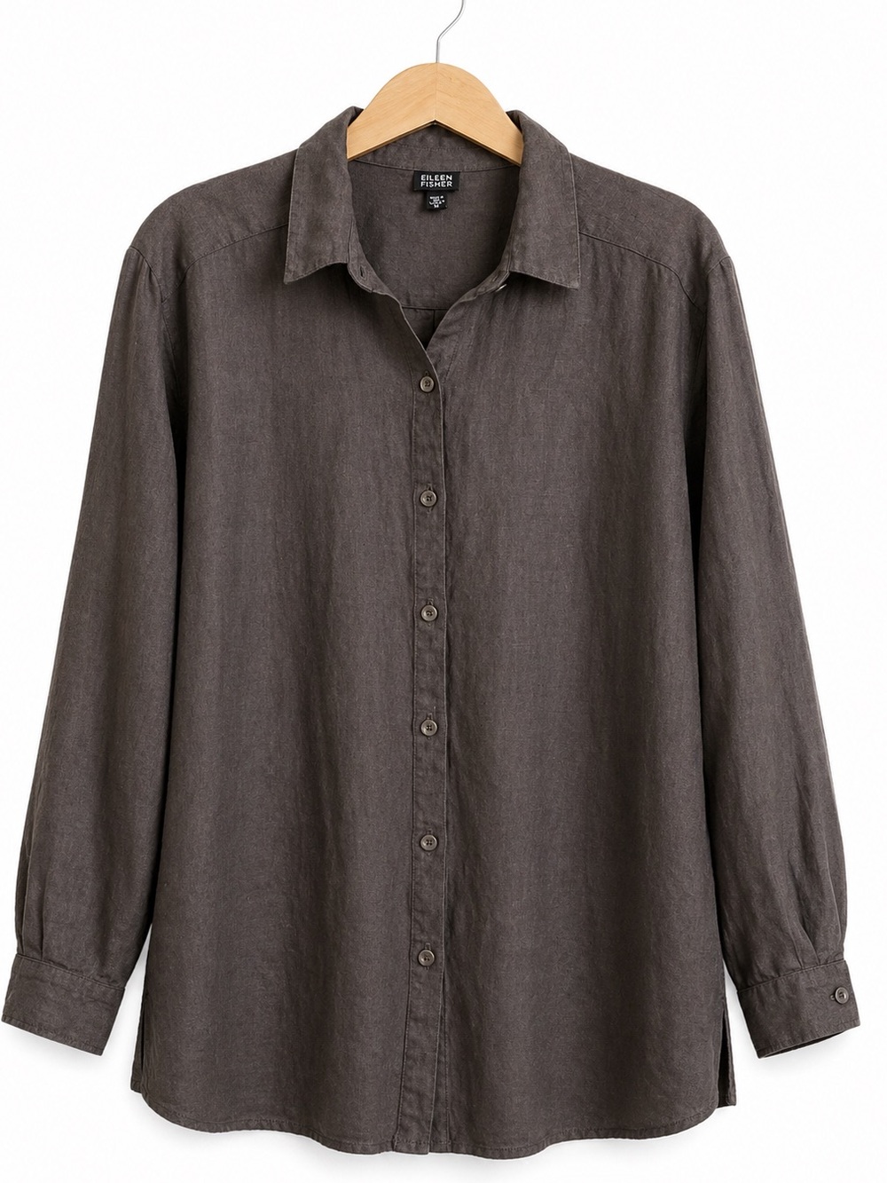 Eileen Fisher 100% Linen Button Front Shirt Charcoal Grey Relaxed Tunic Top M